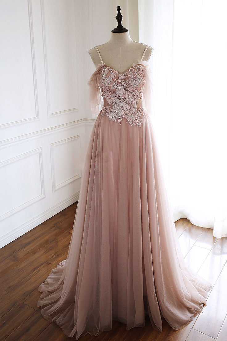 Unique Pink Tulle Lace Long Prom Dress Pink Evening Dress