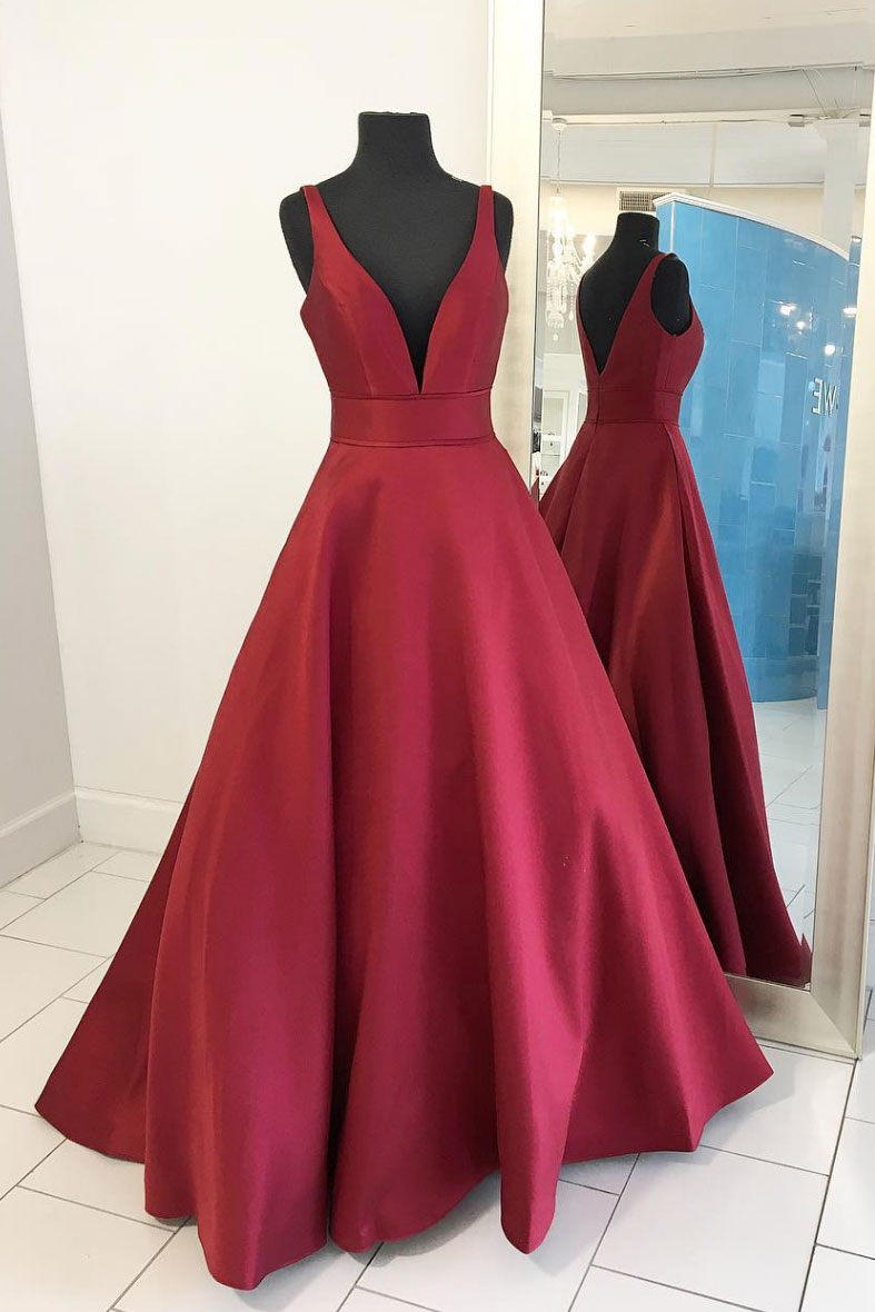 Simple V-Neck Satin Long Prom Dress Red Evening Dress