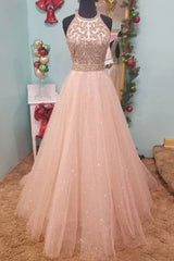 Unique Tulle Round Neck Sequin Long Prom Dress Champagne Evening Dress