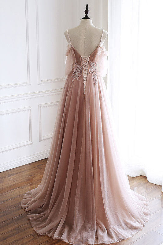 Unique Pink Tulle Lace Long Prom Dress Pink Evening Dress