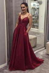 Simple V-Neck Satin Sequin Long Prom Dress Burgundy Evening Dress