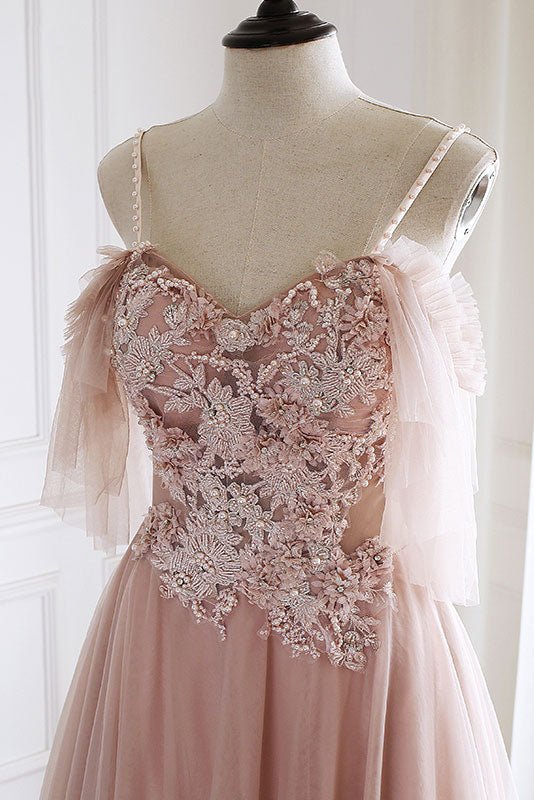 Unique Pink Tulle Lace Long Prom Dress Pink Evening Dress