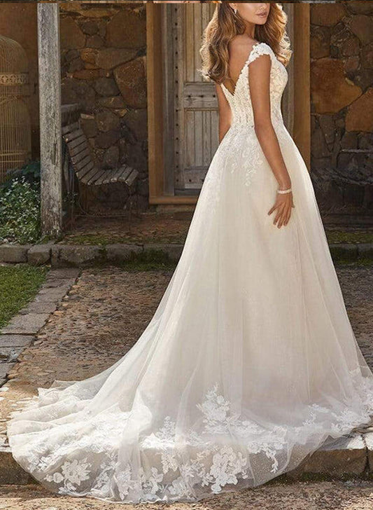 V-Neck Tulle Lace A-Line Wedding Dresses With Appliques Lace