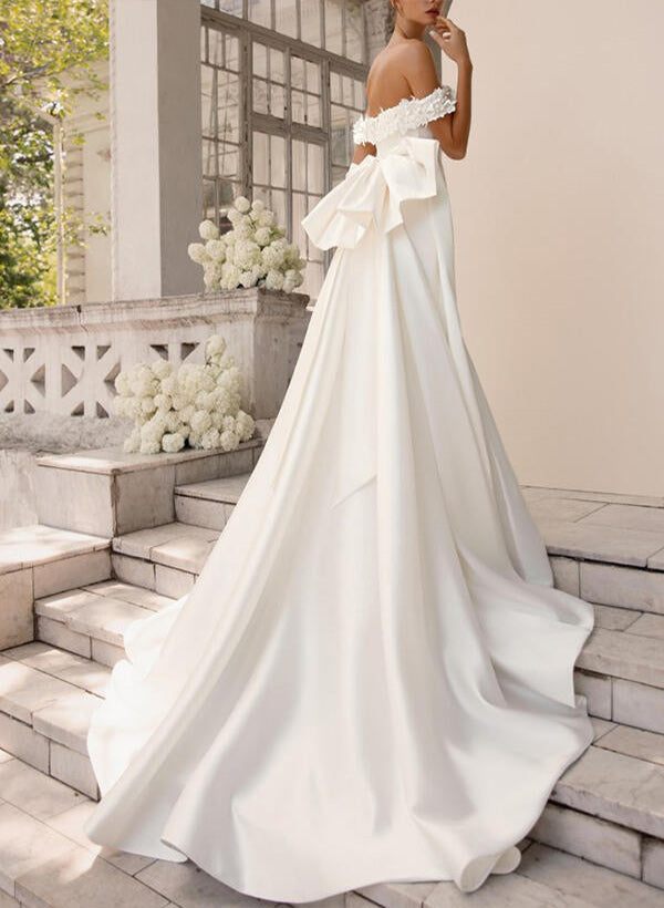 Off the shoulder Satin Court Train Wedding Dress Trumpet/Mermaid With Appliques Lace