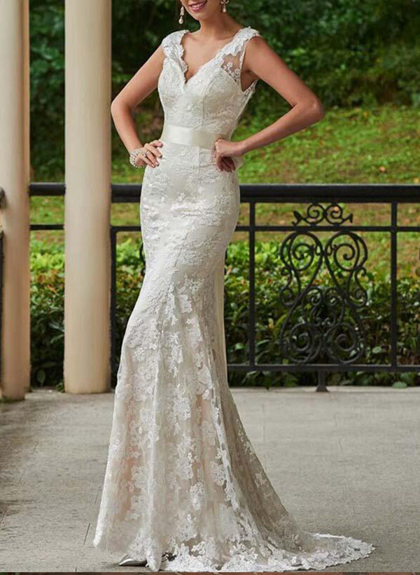 Lace Sheath/Column V-neck Wedding Dresses With Bow(s) Sweep Train