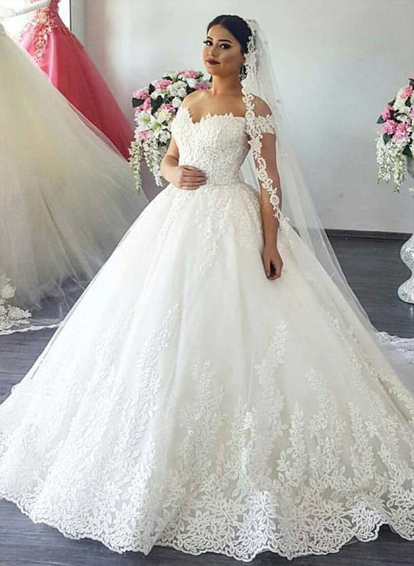 Off-The-Shoulder Tulle Court Train Wedding Dress With Appliques Lace