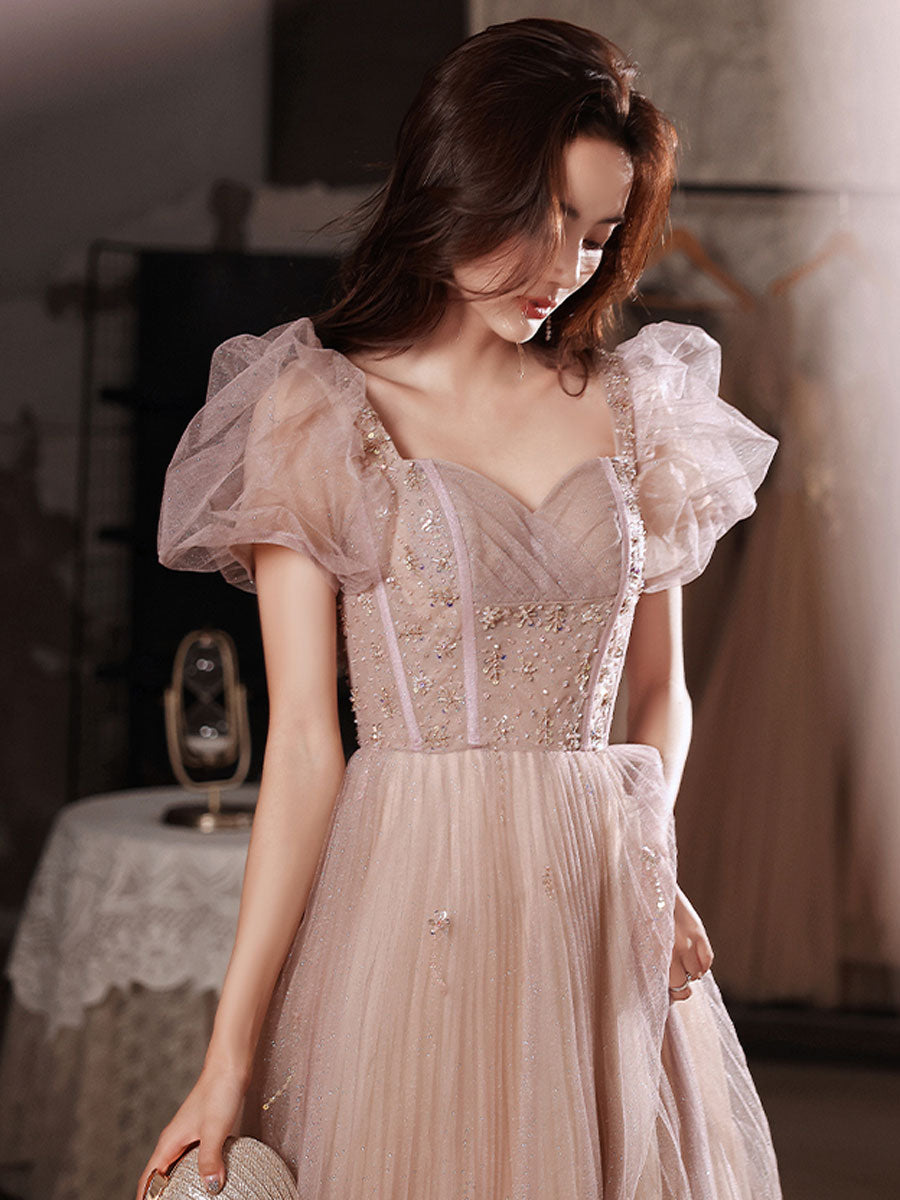 Flesh Pink Tulle Long Prom Dress Tulle Pink Evening Dress