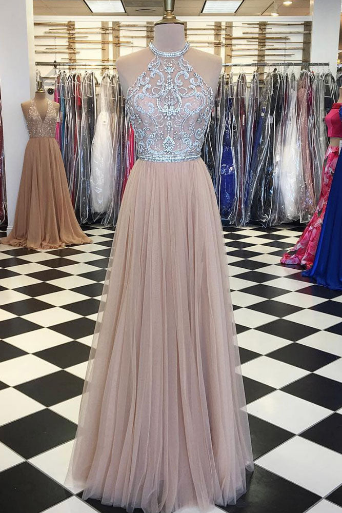 Champagne Tulle Beads Long Prom Dress Champagne Evening Dress