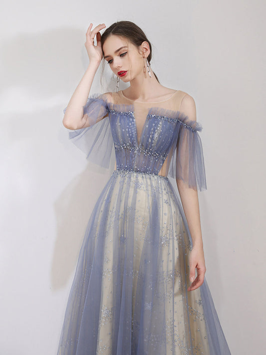 A-Line Tulle Blue Long Prom Dress Sequin Long Graduation Dress