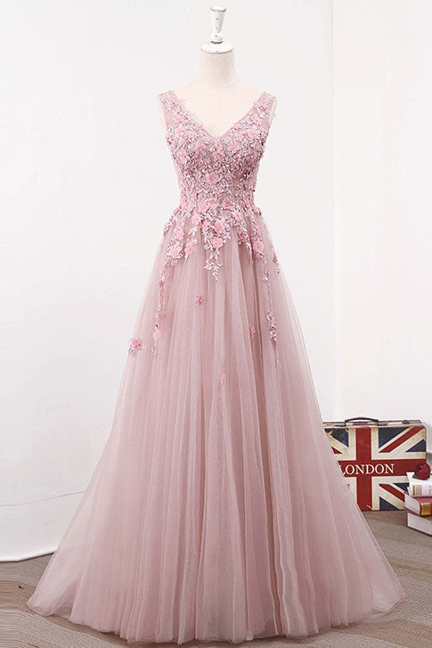 Pink V-Neck Tulle Lace Long Prom Dress Pink Evening Dress