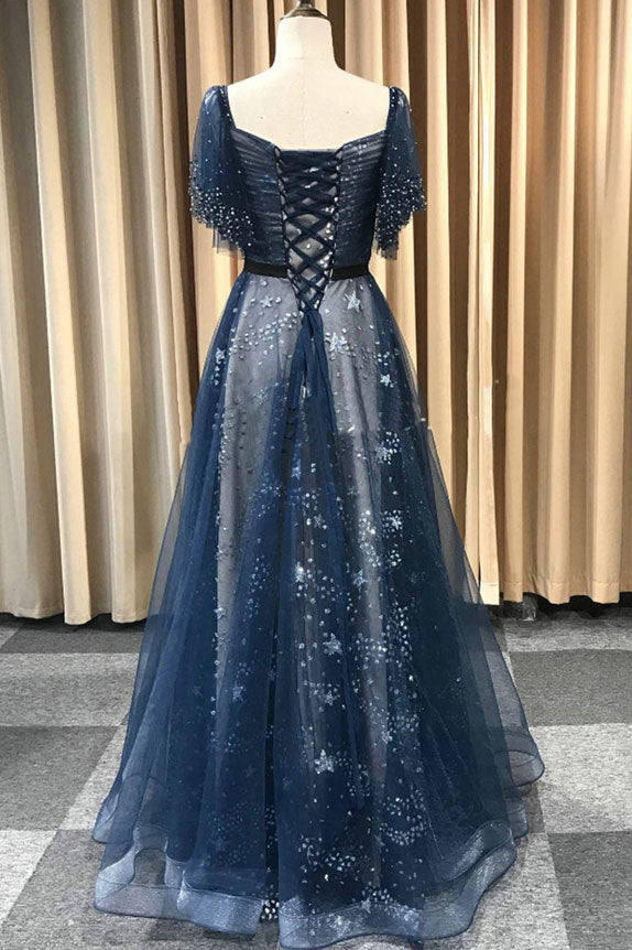 Dark Blue Tulle Long Prom Dress Blue Tulle Evening Dress