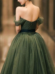 Simple Green A-Line Tulle Off-Shoulder Long Prom Dress Green Evening Dress