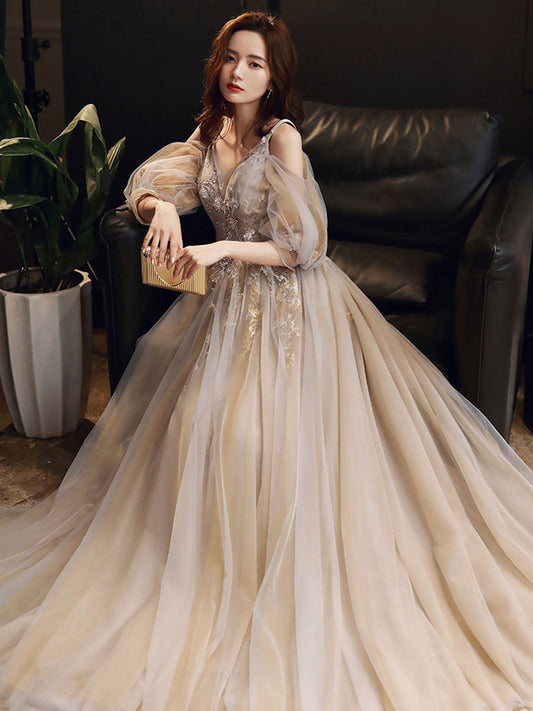 Champagne V-Neck Tulle Long Prom Dress Champagne Evening Gown