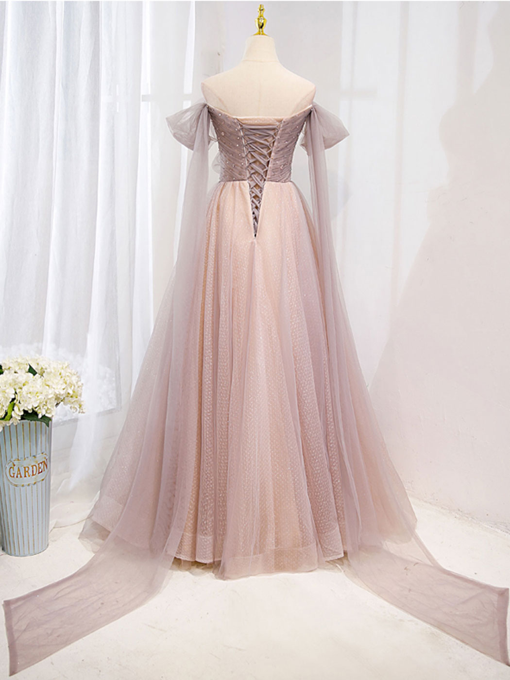 Pink Tulle Off-Shoulder Long Prom Dress Pink Tulle Formal Gown