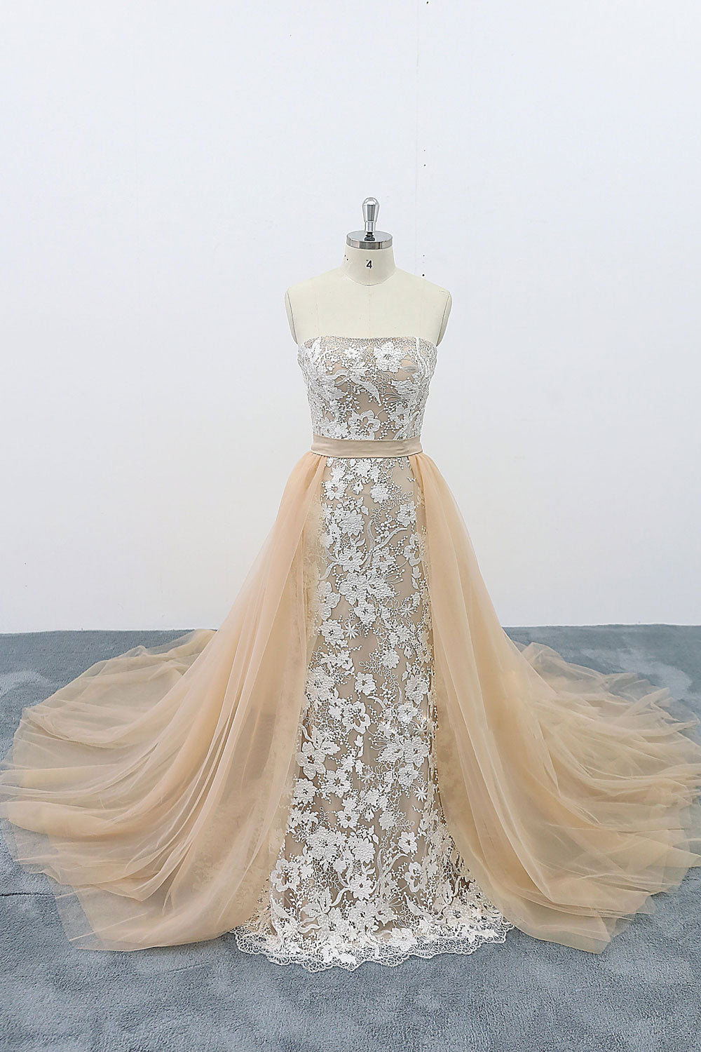 Champagne Tulle Lace Long Prom Dress Champagne Lace Evening Dress