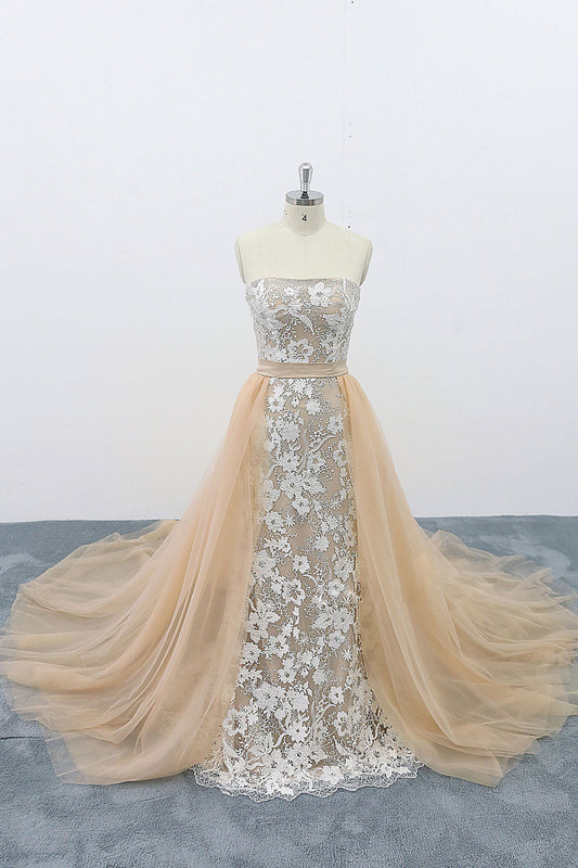 Champagne Tulle Lace Long Prom Dress Champagne Lace Evening Dress