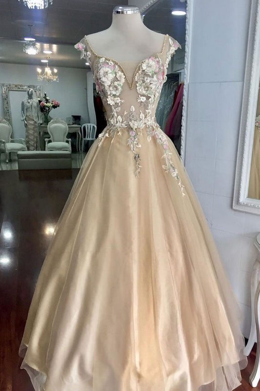 Champagne Tulle Lace Flower Long Prom Dress Evening Gown