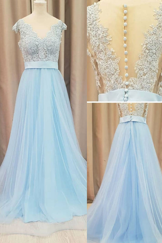 Blue Lace Tulle Long Prom Dress Blue Lace Evening Dress