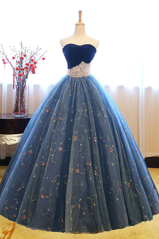 Blue Sweetheart Neck Tulle Long Prom Gown Blue Sweet 16 Dress