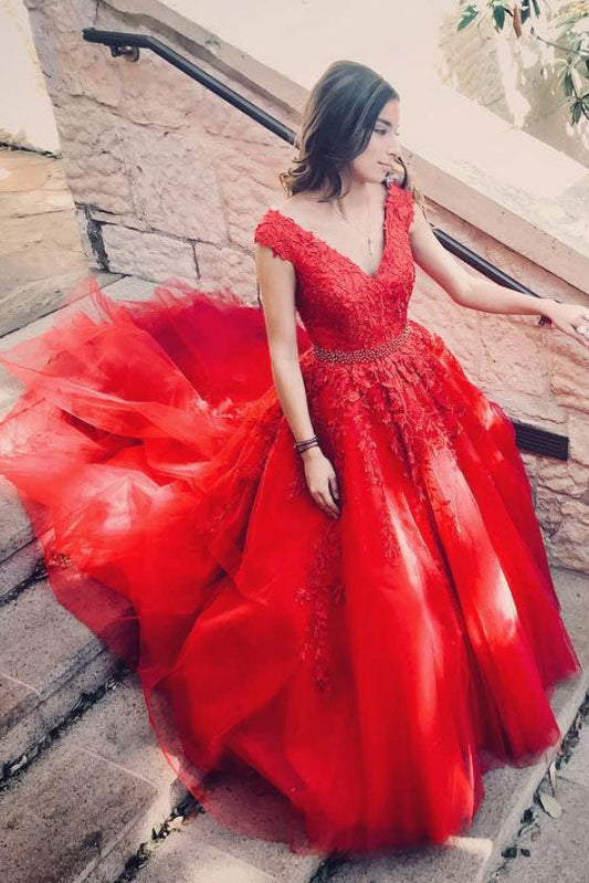 Red V-Neck Tulle Lace Applique Long Prom Dress Red Tulle Evening Dress