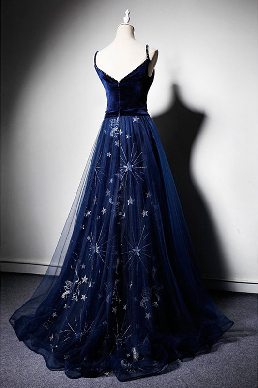 Blue V-Neck Tulle Long Prom Dress Blue Tulle Evening Gown