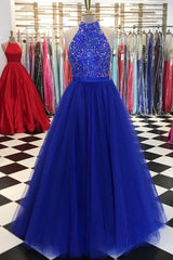 Unique Blue Tulle Beaded Long Prom Dress Tulle Evening Dress