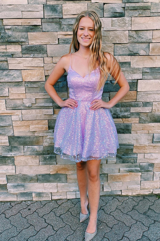 Lilac A-line Sequin Material  Straps Sexy V Neck Homecoming Dress