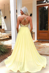 Yellow V-Neck Chiffon Beaded Long Prom Dress Yellow Formal Dress