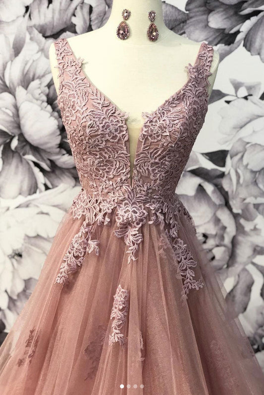 Unique V-Neck Tulle Lace Long Prom Dress Tulle Evening Gown