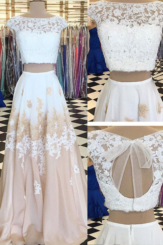 Unique Two-Piece Chiffon Lace Long Prom Dress Lace Evening Dress