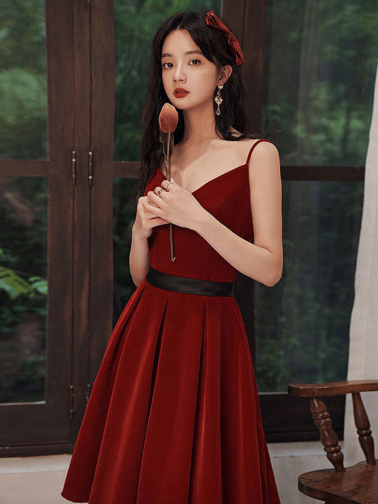 Burgundy Velvet V-Neck Short Prom Dress Burgundy Homecoming Dress