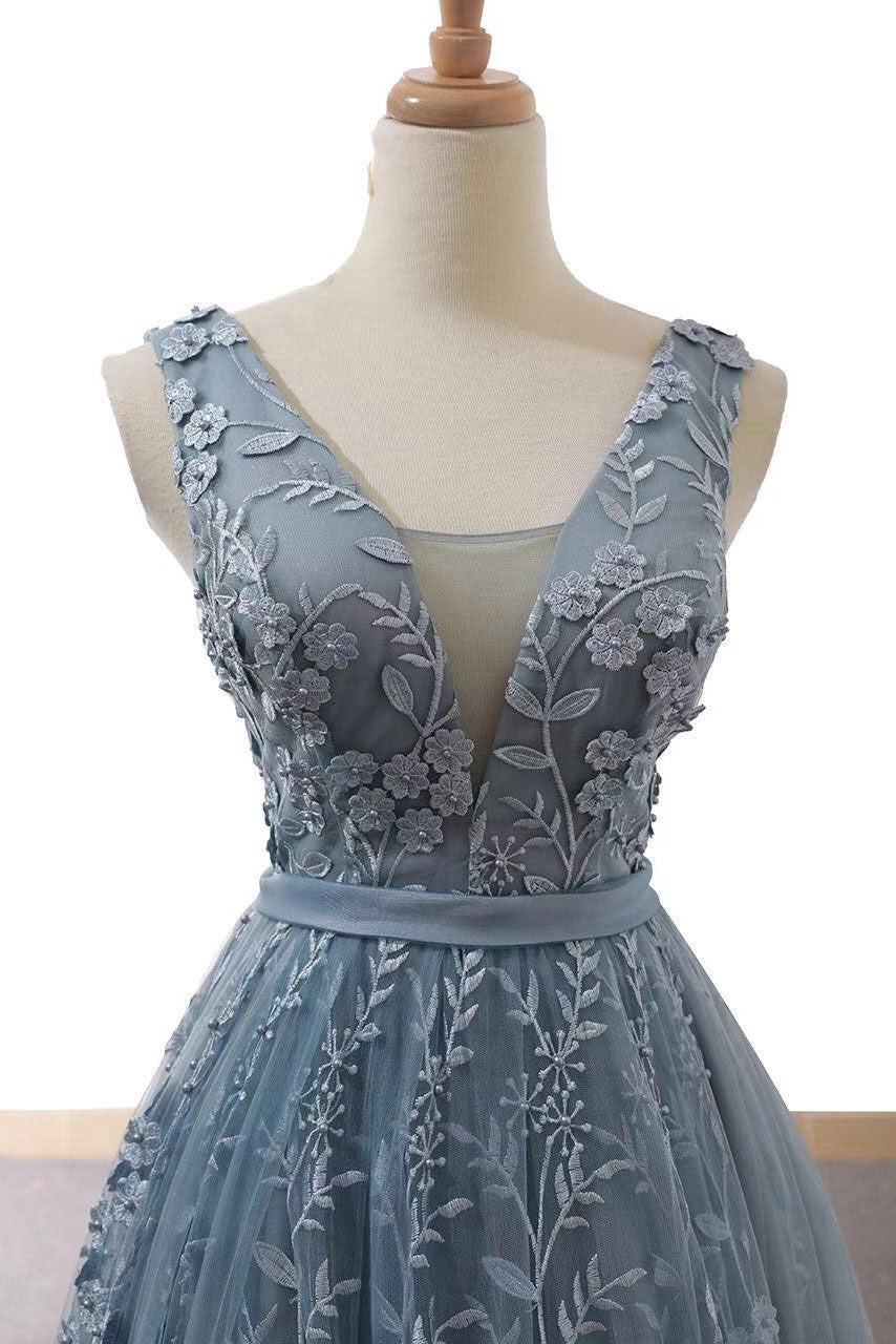 Gray Blue Tulle Lace Long Prom Dress Blue Evening Dress