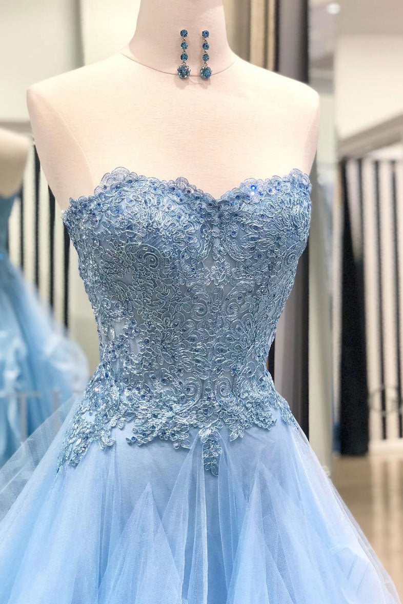 Blue Sweetheart Neck Tulle Lace Long Prom Dress Blue Lace Evening Dress