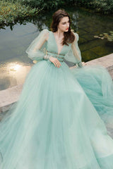 Green V-Neck Tulle Long Prom Dress Green Evening Dress