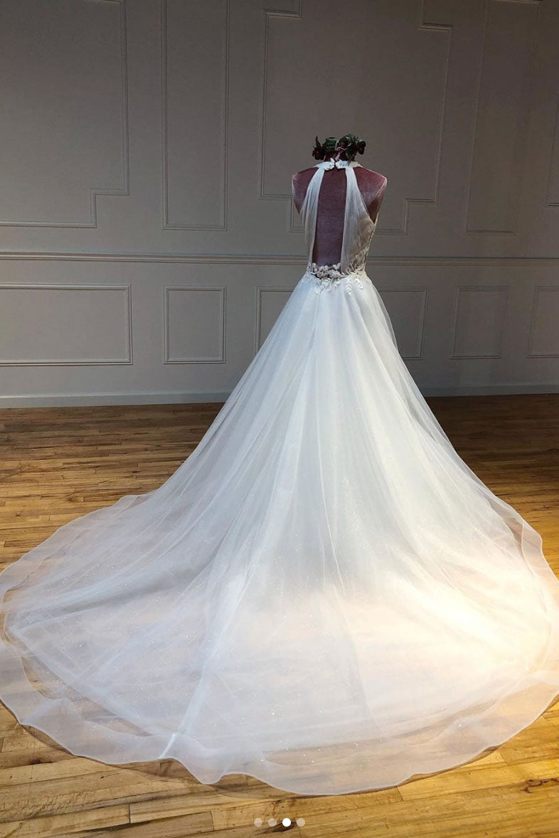 Unique White Tulle Long Prom Dress Tulle Long Evening Dress