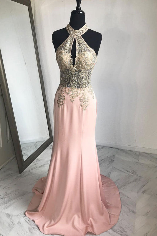 Pink Lace Mermaid Long Prom Dress Pink Evening Dress