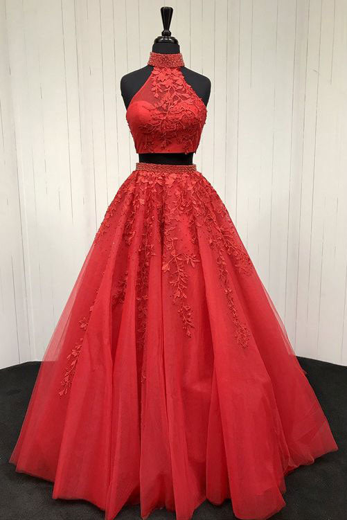 Red Two-Piece Tulle Lace Appliqu¨¦ Long Prom Dress Red Evening Dress