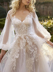 A-Line V-Neck Long Sleeves Lace Chapel Train Wedding Dresses With Appliques Lace