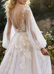 A-Line V-Neck Long Sleeves Lace Chapel Train Wedding Dresses With Appliques Lace