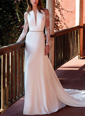 V Neck Satin Lace Court Train Wedding Dresses With Lace