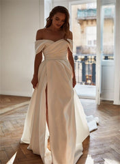 Off-the-Shoulder Sleeveless Satin Court Train Wedding Dress