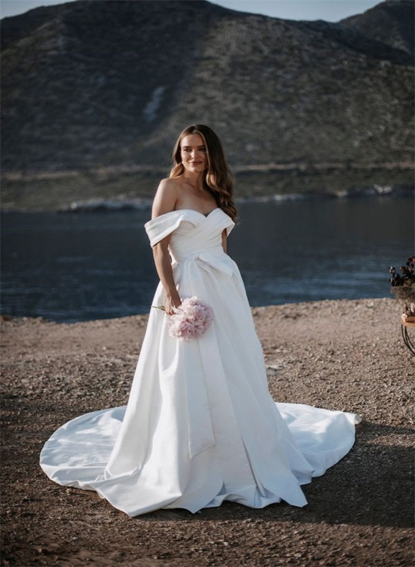 Off-the-Shoulder Sleeveless Satin Court Train Wedding Dress