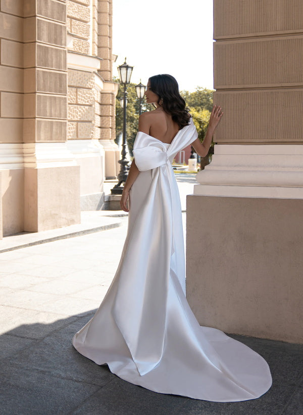 Off-the-Shoulder Sleeveless Satin Sweep Train Wedding Dress With Bow(s)