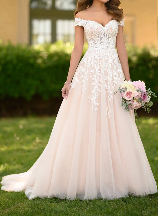 Off-the-Shoulder Sleeveless Tulle Sweep Train Wedding Dress With Appliques Lace