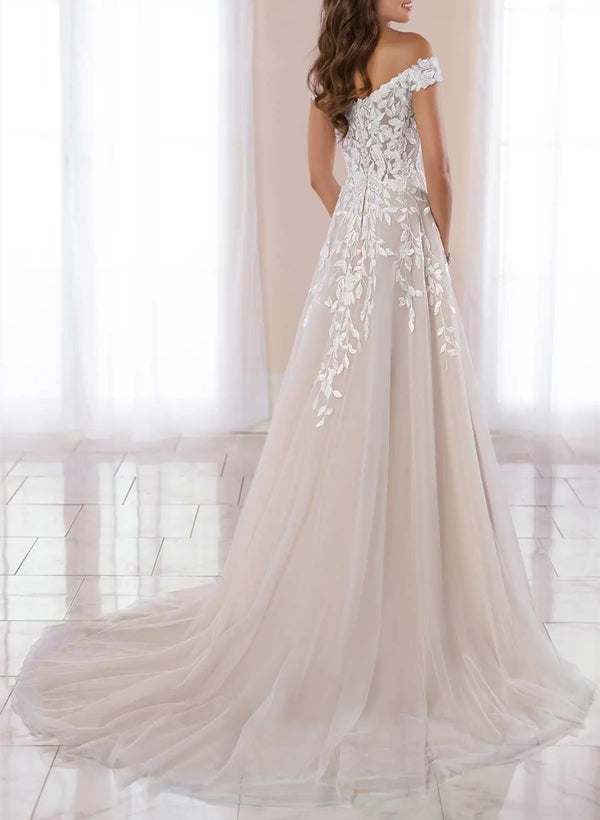 Off-the-Shoulder Sleeveless Tulle Sweep Train Wedding Dress With Appliques Lace