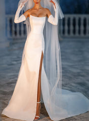 Strapless Sleeveless Satin Sweep Train Wedding Dress