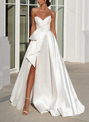 A-Line Strapless Satin Wedding Dress With Split Front Bow