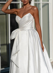 A-Line Strapless Satin Wedding Dress With Split Front Bow