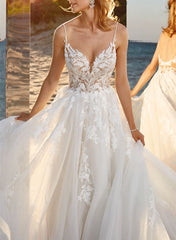 Ball-Gown V-neck Sleeveless Tulle Court Train Wedding Dress With Lace Appliques