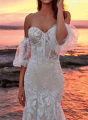 Trumpet Mermaid Sweetheart Short Sleeves Tulle Lace Court Train Wedding Dress With Appliques Lace